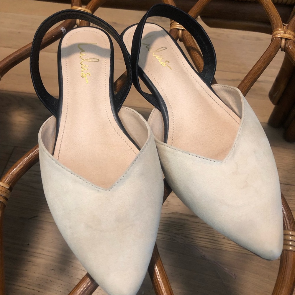 Lulus Slingback Flats 10 Cream Black Pointed Toe Faux Suede Elastic Strap (1881) - Picture 2 of 11